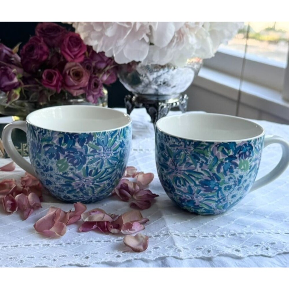 Lilly Pulitzer Set 2 Mugs Blue Green Floral Tropical Print Preppy Coastal Cups - Picture 5 of 16